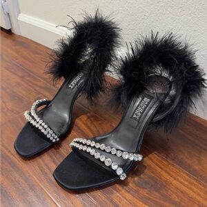 Badgley Mischka Harley Crystal Feather Cocktail High-Heel Sandals in Black